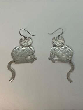 Vtg 925 Sterling Silver Folk Art Whimsical Cat Tail Dangle Earrings